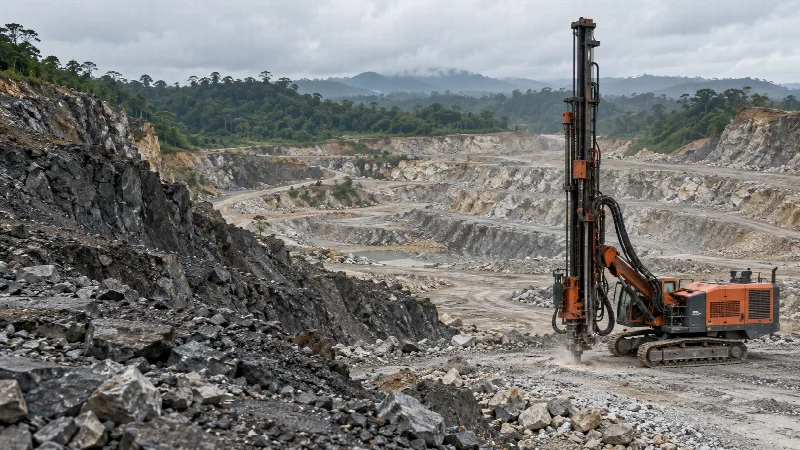 Illustrative image of an orange surface drilling rig at a tropical rock quarry