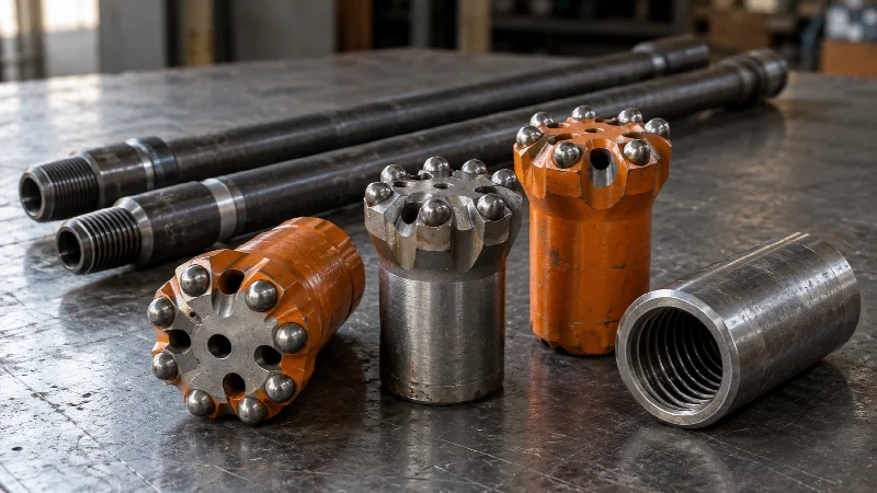 Illustrative image of DTH button bits, drill rods and a steel coupling on a workbench