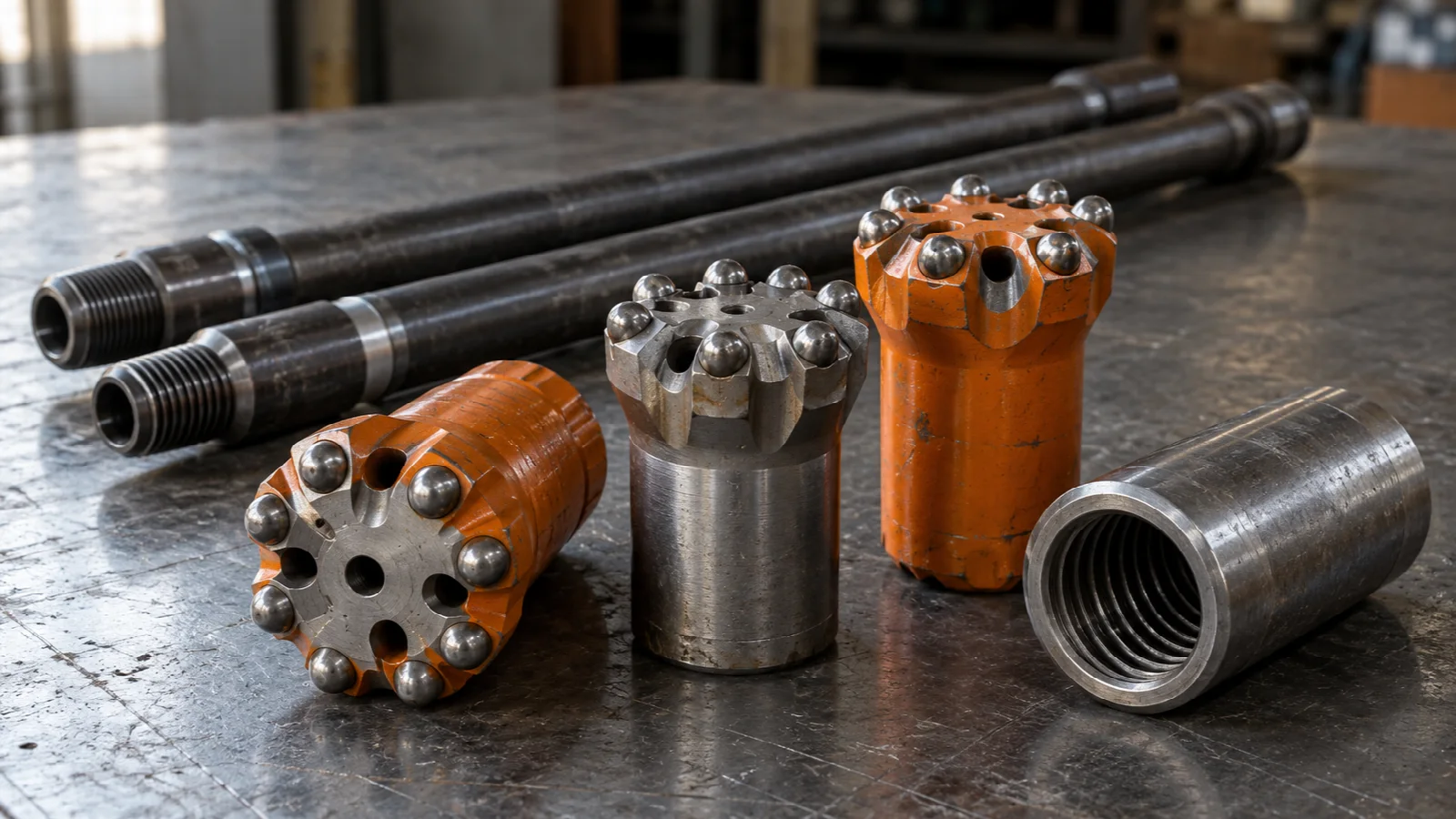 Illustrative image of DTH button bits, drill rods and a steel coupling on a workbench