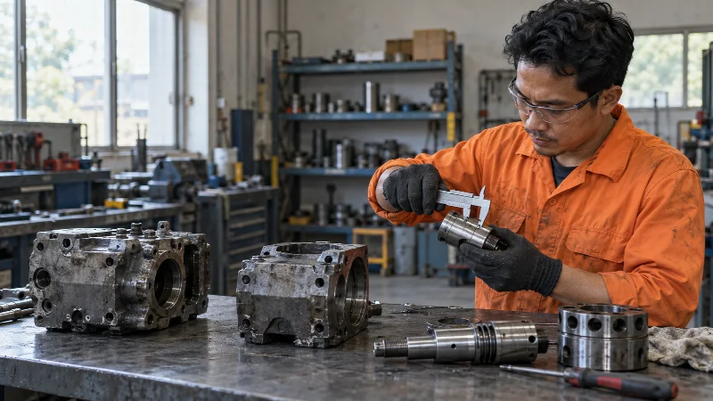 Illustrative image of a technician inspecting a machined rockdrill component in a workshop