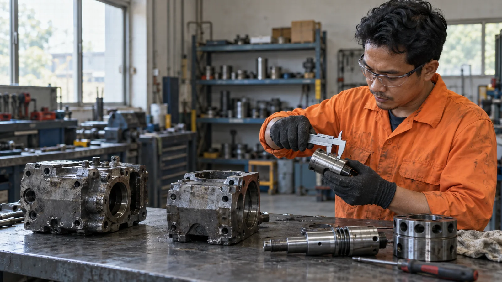 Illustrative image of a technician inspecting a machined rockdrill component in a workshop